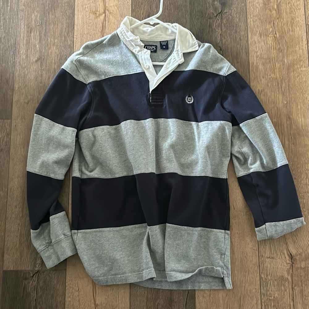 Chaps men’s long sleeve polo grey/navy stripes size medium